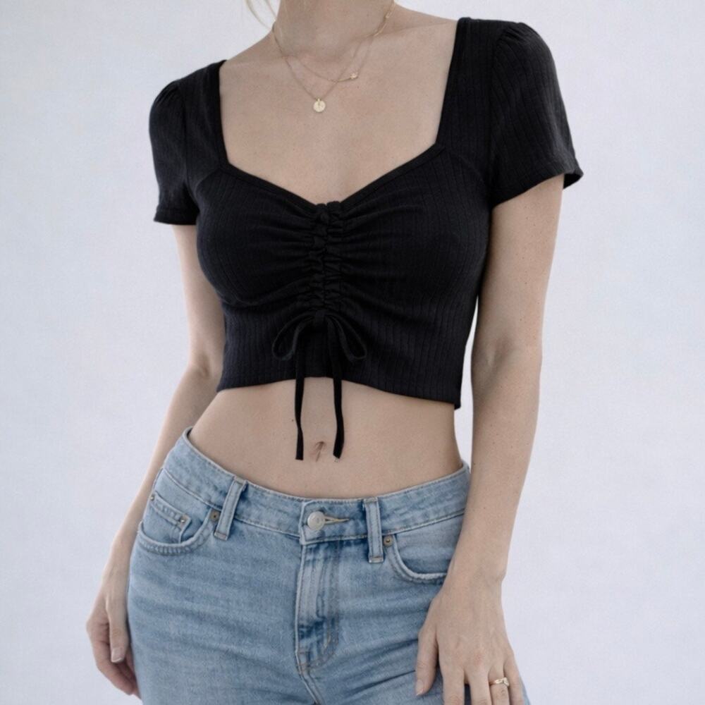 Women’s Black Ruched Drawstring Ribbed Short Sleeve Fitted Crop Top Size Small